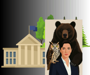 女性議員とフクロウと熊