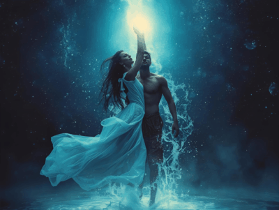 Goddess and warrior raising pillars of light in Japanese purification ritual