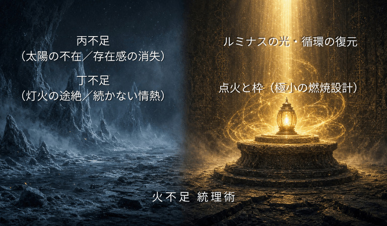 【四柱遁甲・統理術】己の命式と、組織の停滞全四話シリーズ五行「火」イメージ